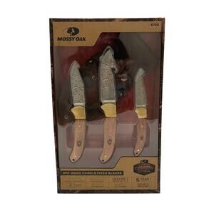 Mossy Oak Fixed Blade Knife 3-Pc Wooden Set Full Tang Handle Straight Edge